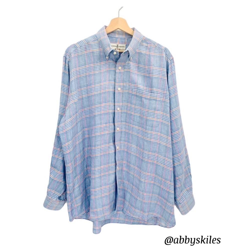 Fairway & Greene 100% Linen Blue Pink Plaid Button Up The Club Shirt Size Large